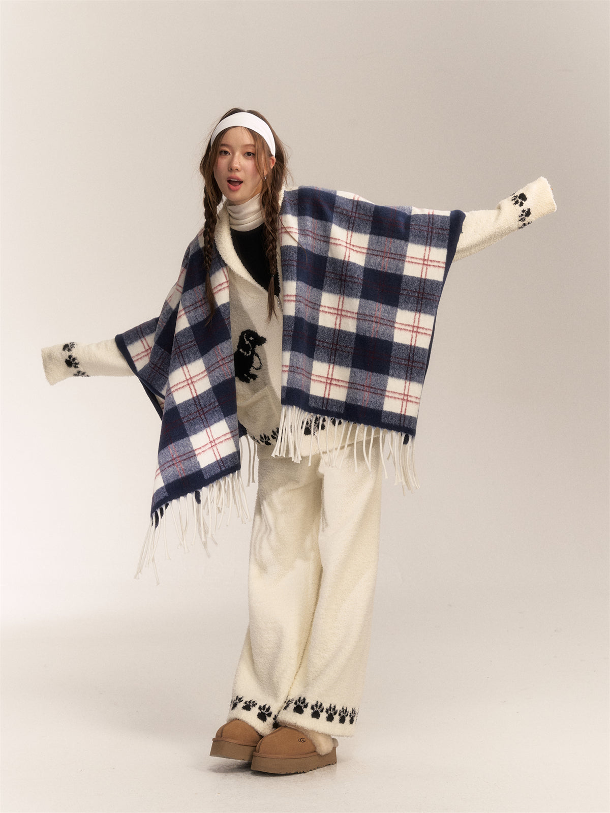 AsGony Wool Blend Plaid Fringe Scarf Wrap
