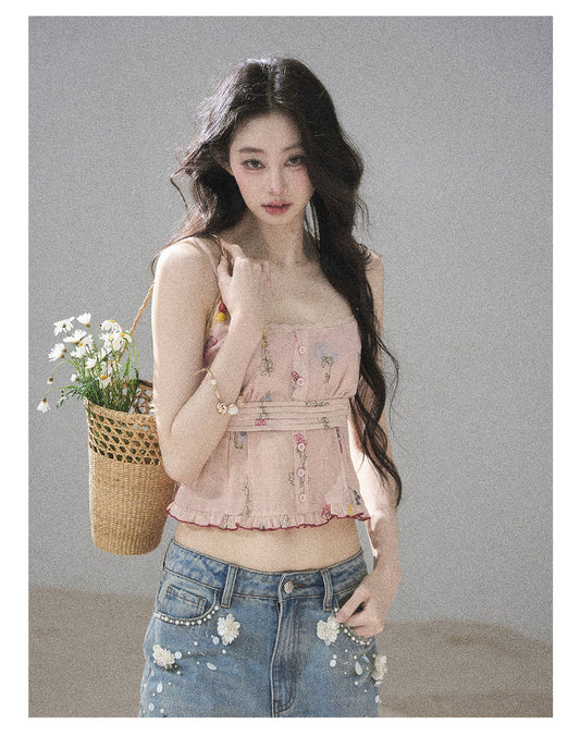 ShaoYeYan Aomalm Wildly Growing Flowers Lace Floral Ramie Top