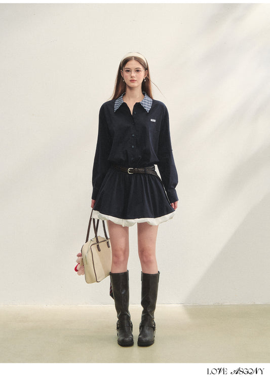 AsGony Plaid Collar Black Long Sleeve Shirt Dress