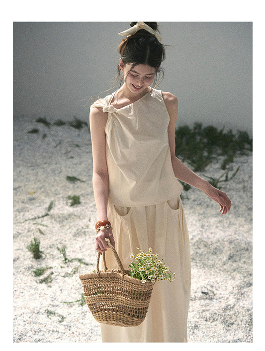 ShaoYeYan Aomalm White Pleated Poem Elegant Two-Piece Set