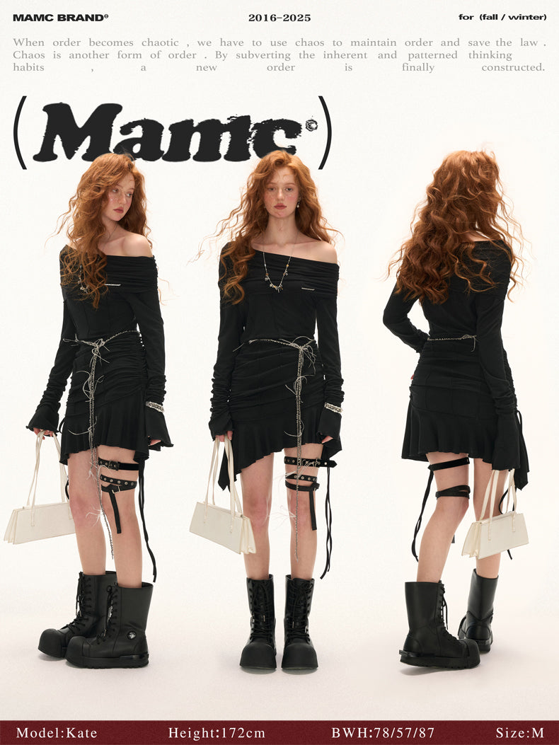 MAMC Asymmetric Shoulder Ruffle Dress