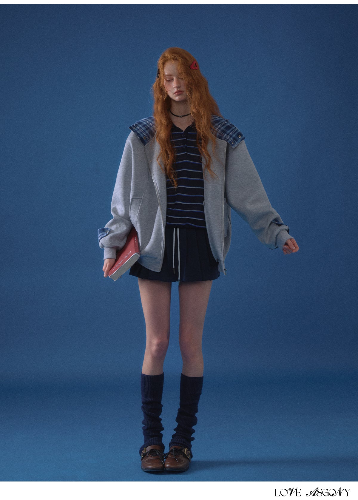 AsGony Plaid Panel Oversized Hooded Zip-Up