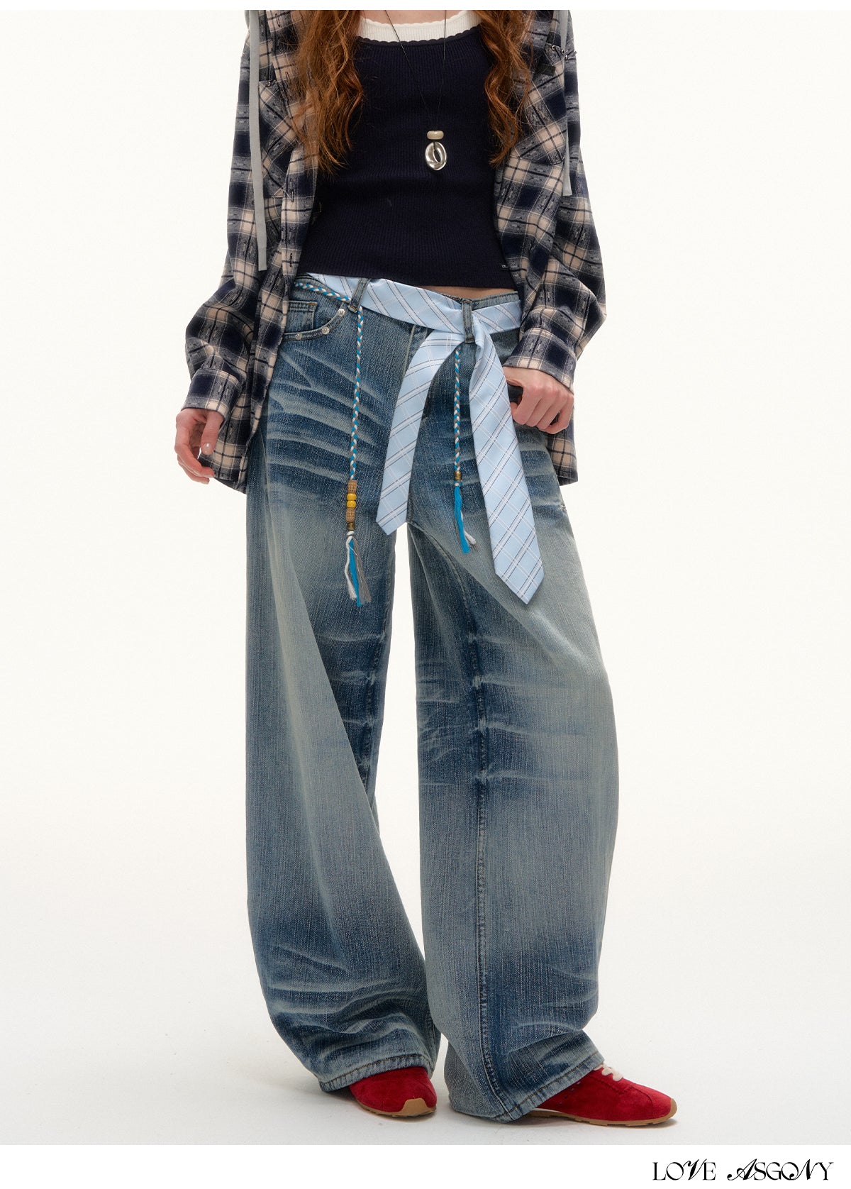 AsGony Tie-Dye Beaded Embellished Washed Jeans