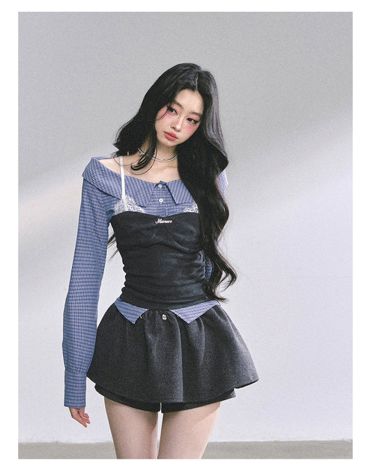 SHAOYEYAN Off-Shoulder Mock Layer Plaid Slimming Tee