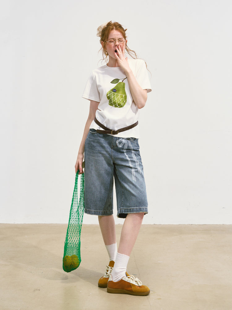 SOMESOWE Lace-Print Denim Culottes