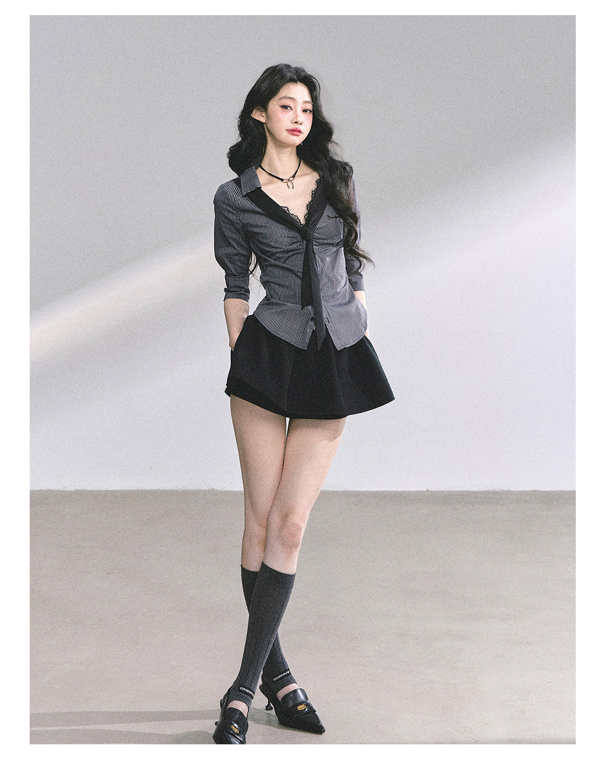 SHAOYEYAN American Waist-Defining Lace Stripe Shirt