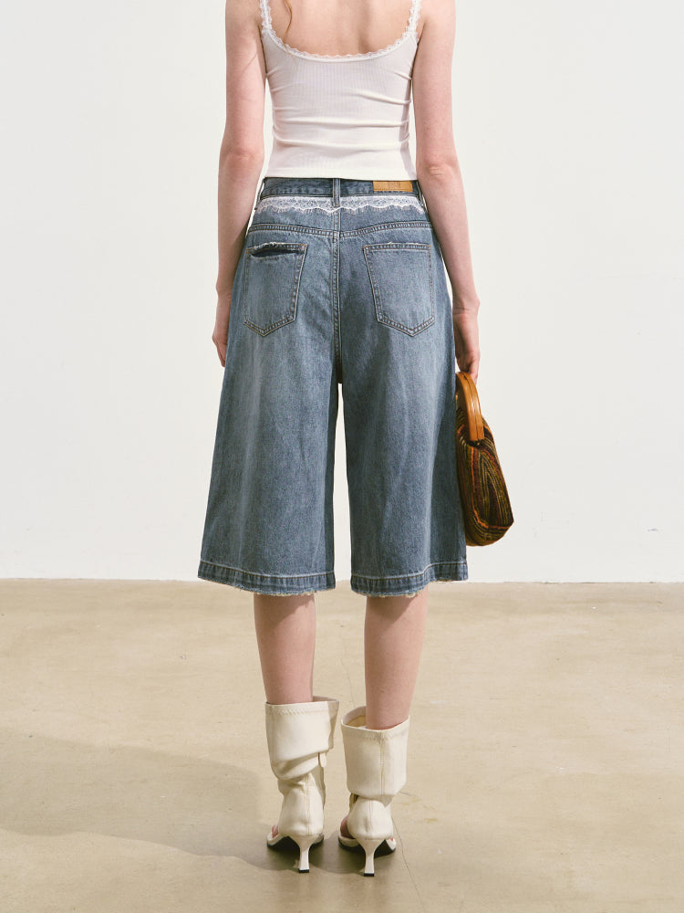 SOMESOWE Lace-Print Denim Culottes