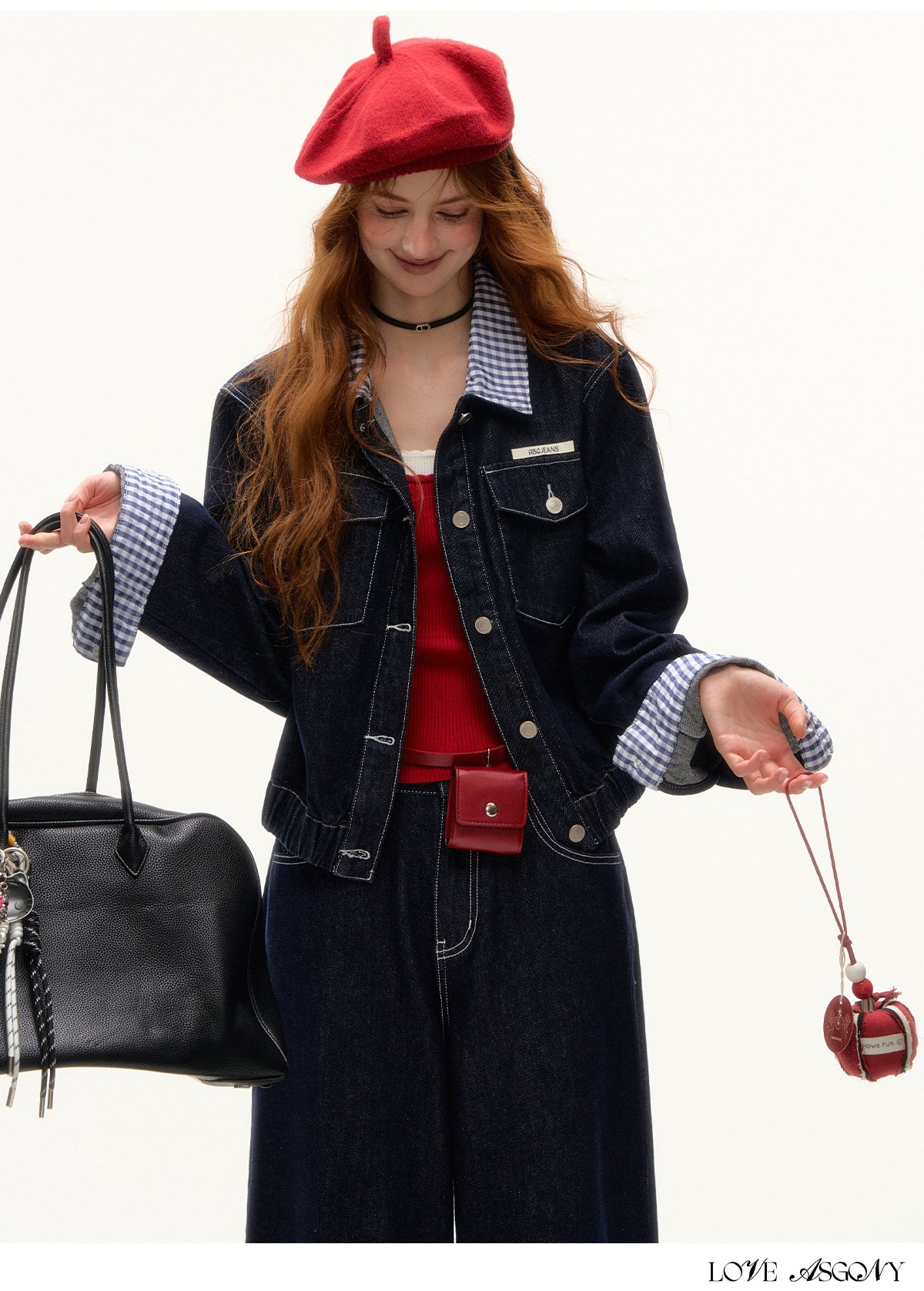 AsGony American Retro Hong Kong Style Plaid Denim Set