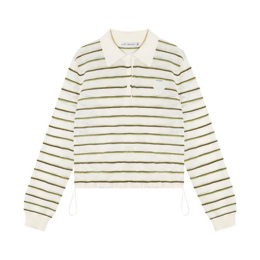 AsGony Striped Polo Collar Drawstring Hem Knit Top