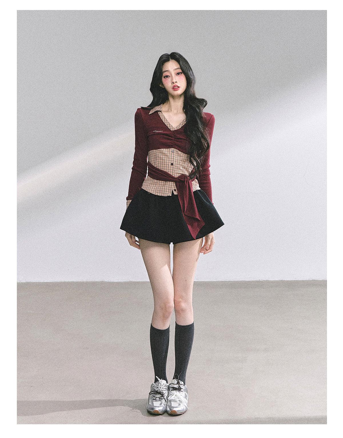 SHAOYEYAN Mock Two-Layer American Style Plaid Tee