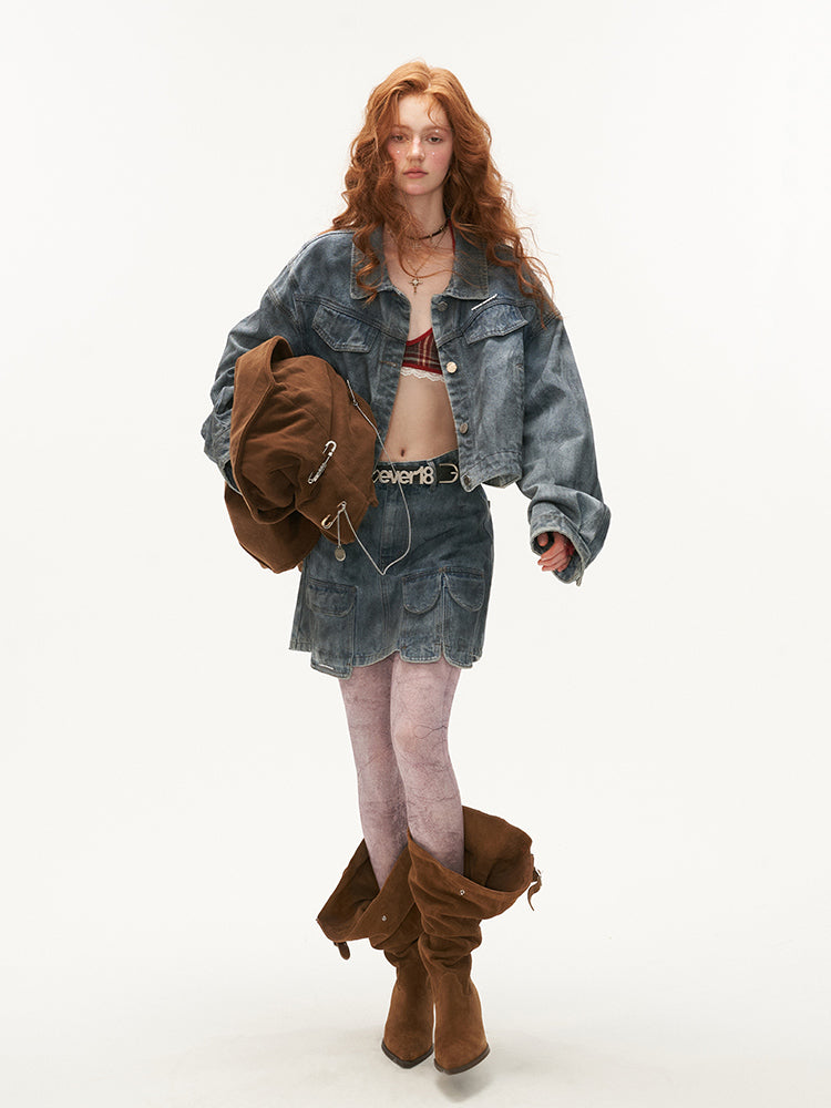 MAMC Distressed Denim Jacket & Mini Skirt