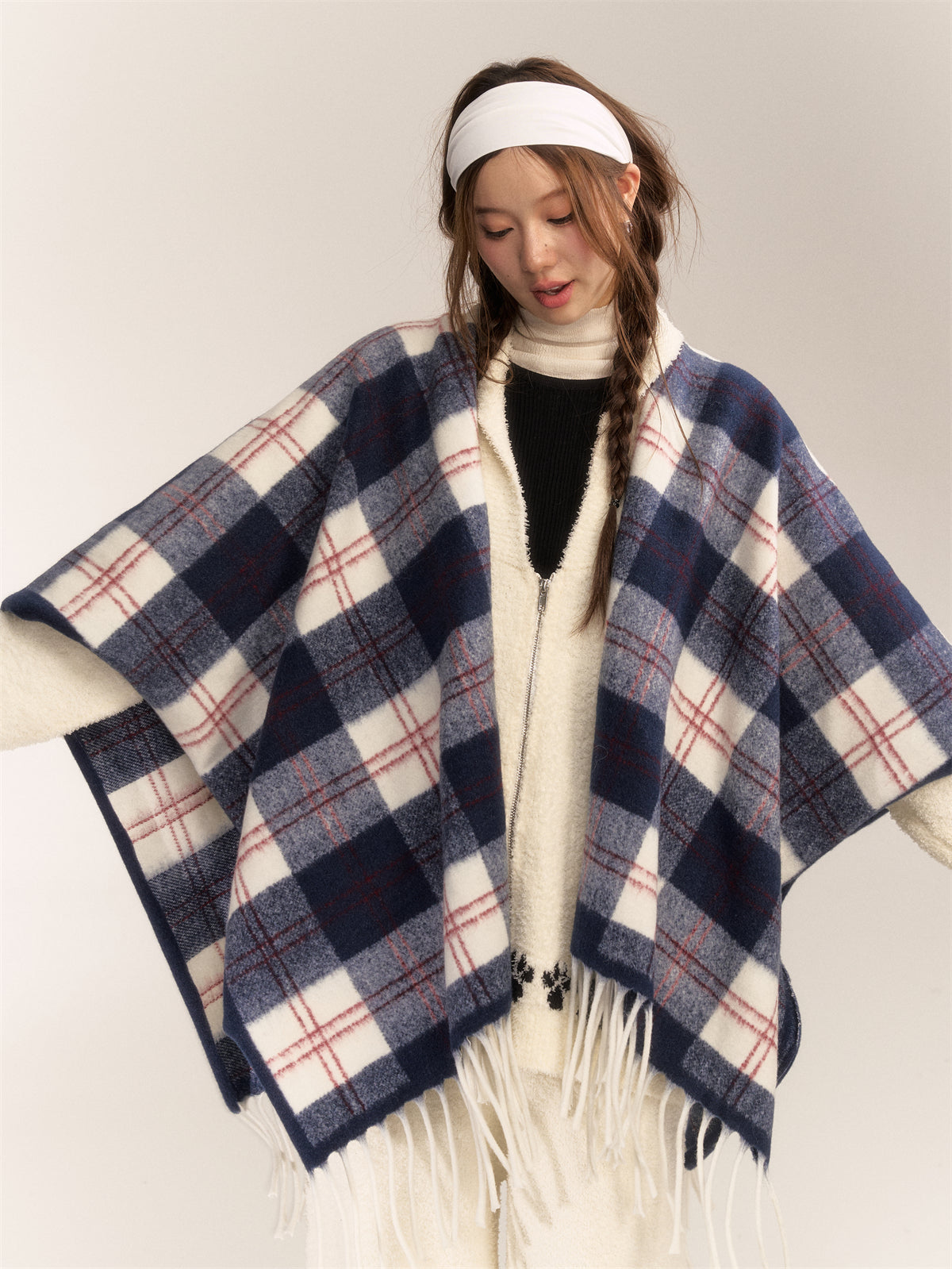 AsGony Wool Blend Plaid Fringe Scarf Wrap
