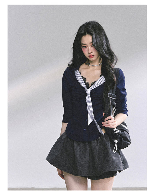 SHAOYEYAN American Waist-Defining Lace Stripe Shirt