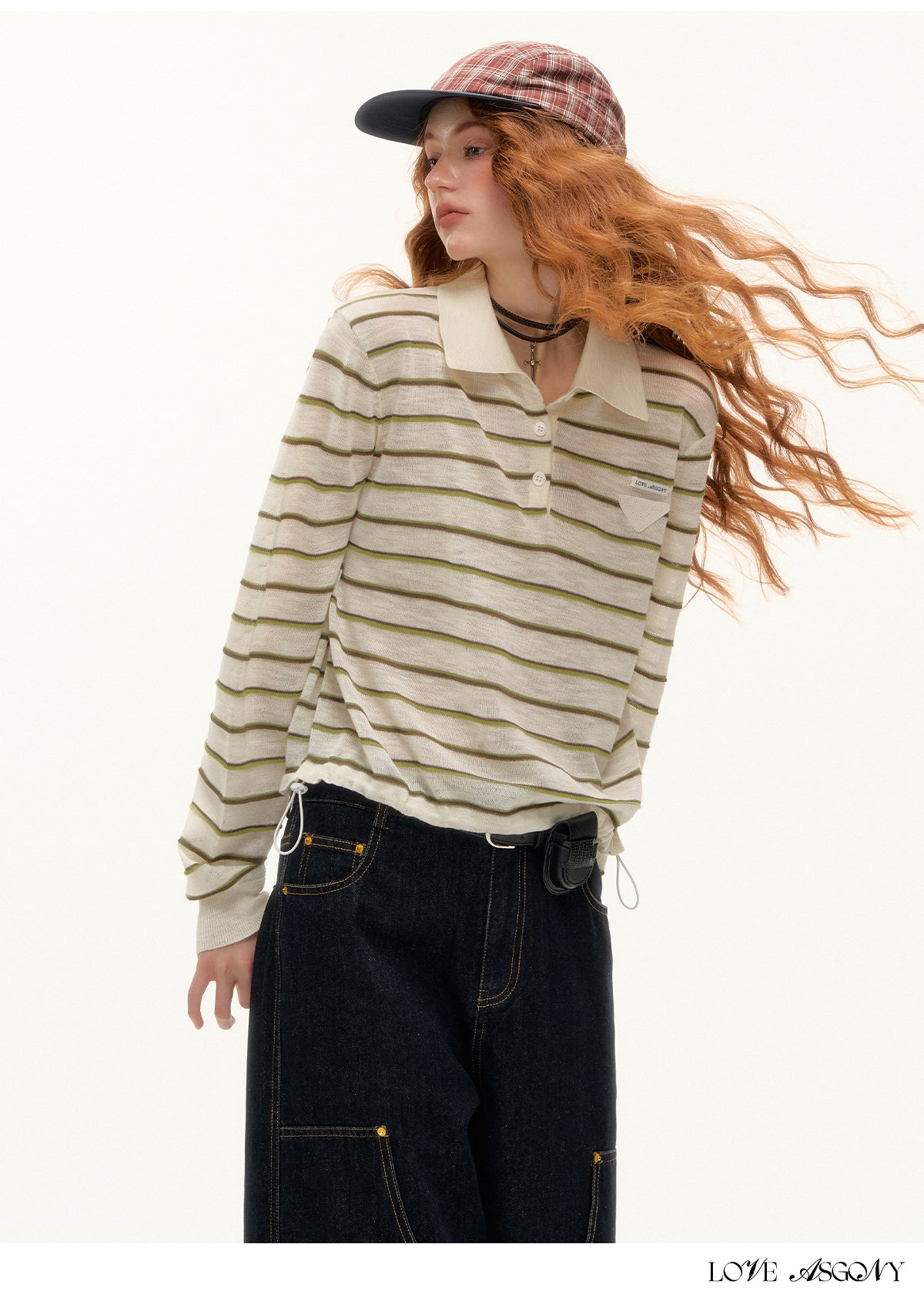 AsGony Striped Polo Collar Drawstring Hem Knit Top