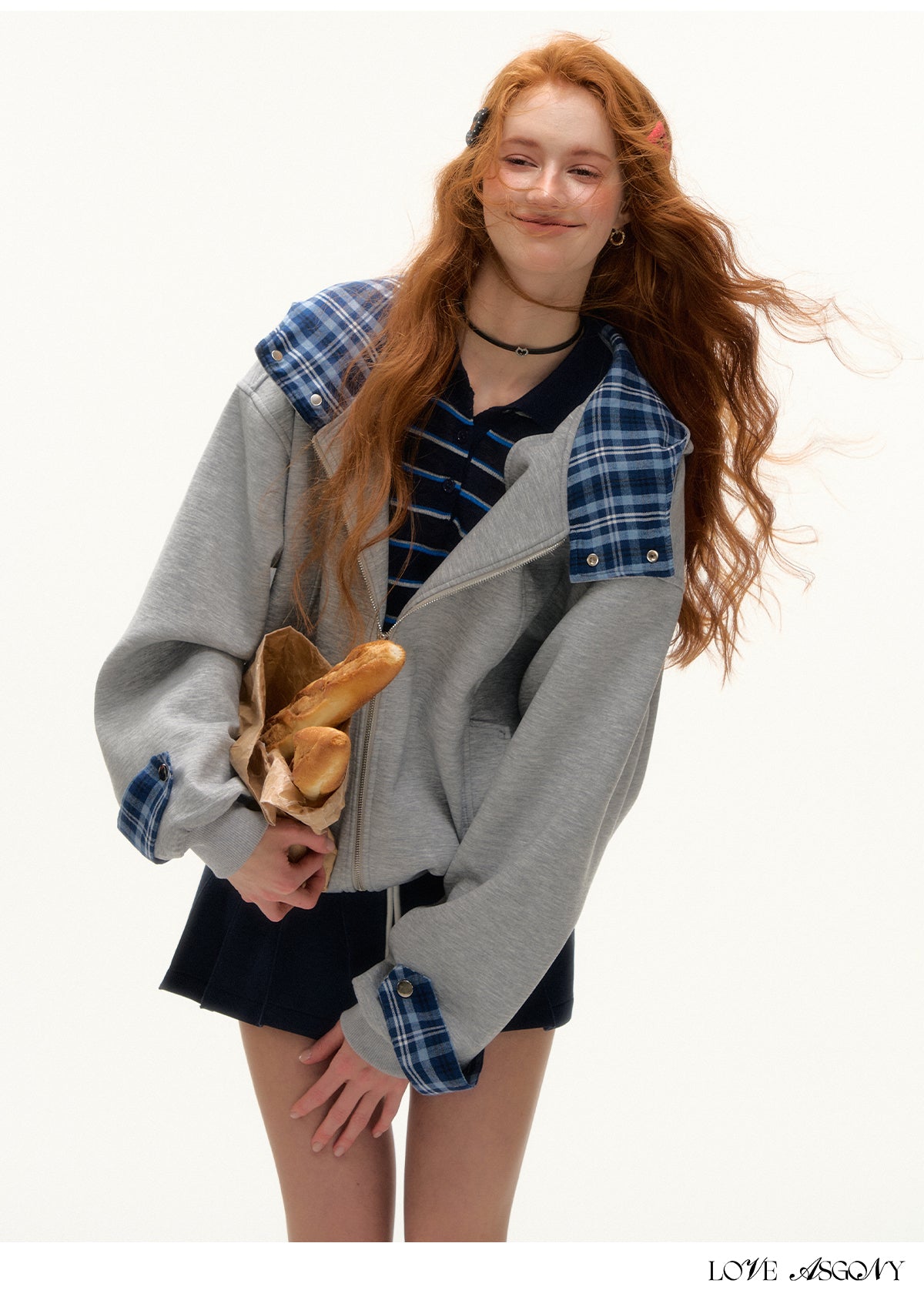 AsGony Plaid Panel Oversized Hooded Zip-Up