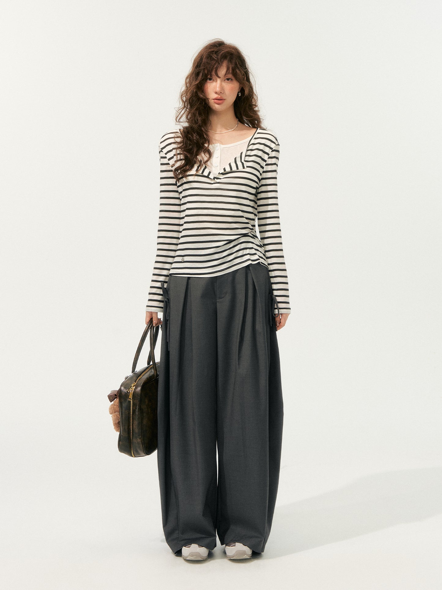 SOMESOWE Draped V-Neck Stripe Top