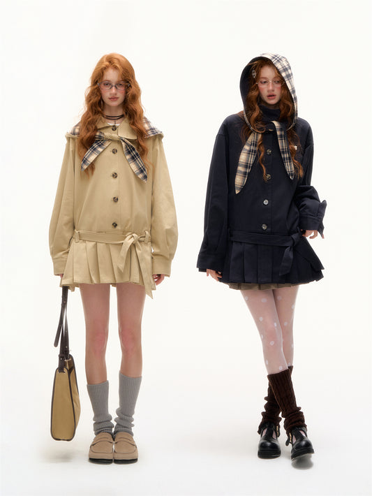 AsGony Detachable Bunny Hood Pleated Trench Dress