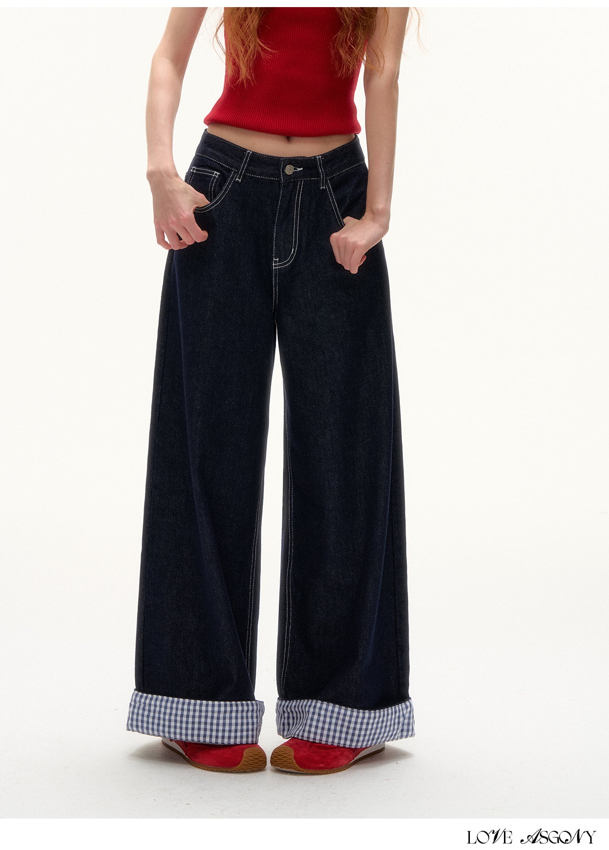 AsGony American Retro Hong Kong Style Plaid Denim Set