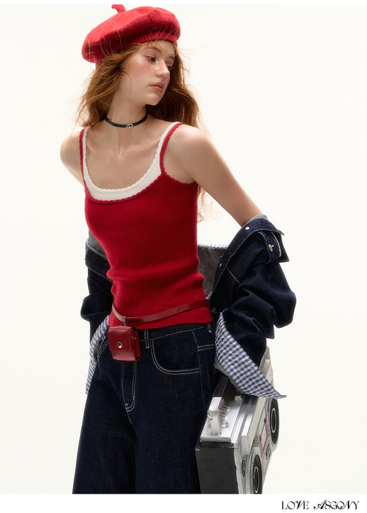 AsGony Designer Fake Two-Layer Wave Edge Camisole