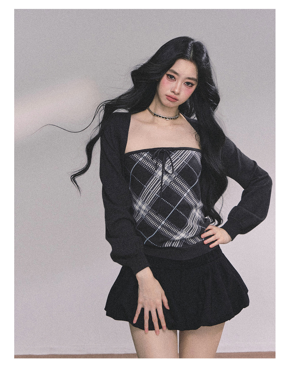 ShaoYeYan Eton Girls High American Plaid Knit Sweater Set