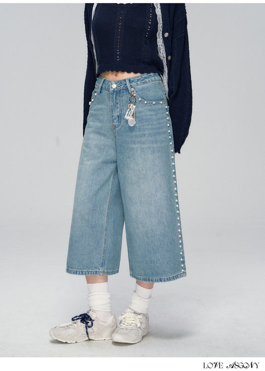 AsGony Side-Seam Beaded Wide-Leg Cropped Jeans