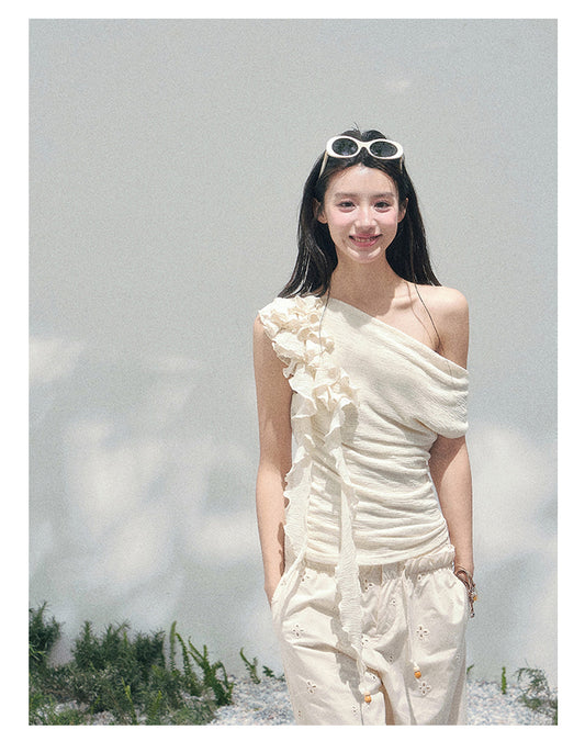 ShaoYeYan Aomalm Pale Whisper French Ruffle Off-Shoulder Tee