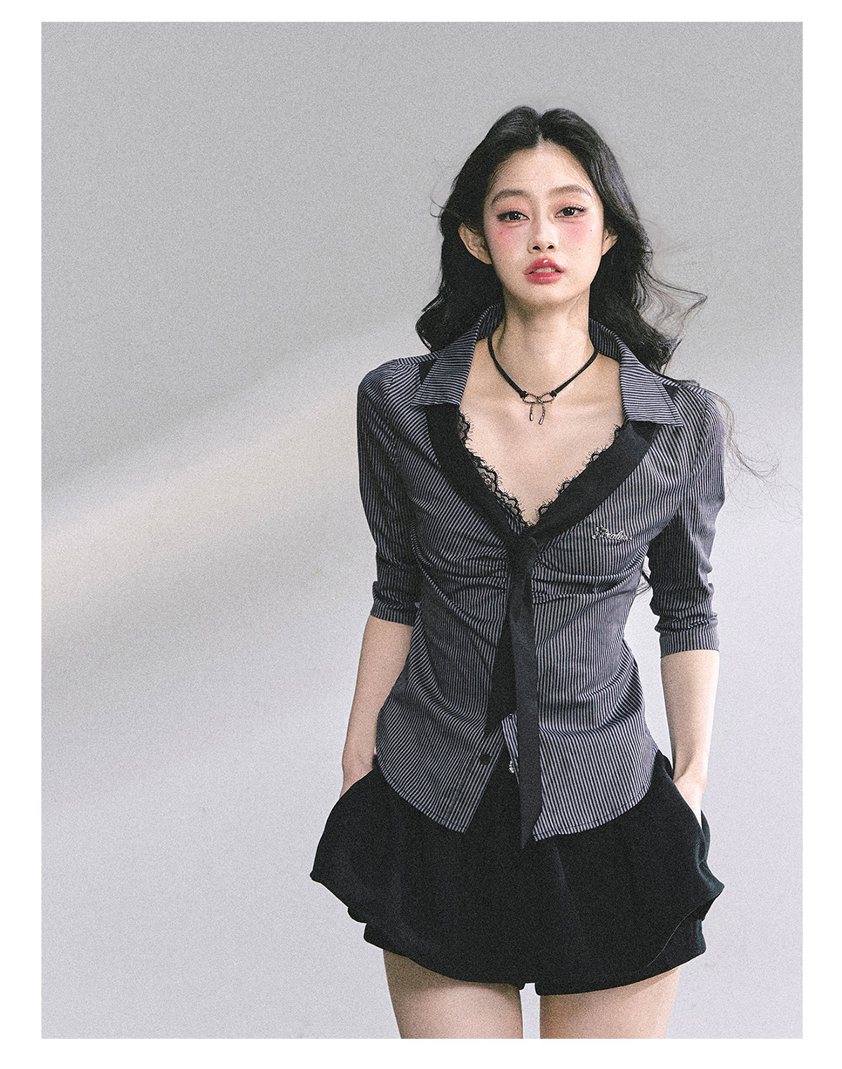 SHAOYEYAN American Waist-Defining Lace Stripe Shirt