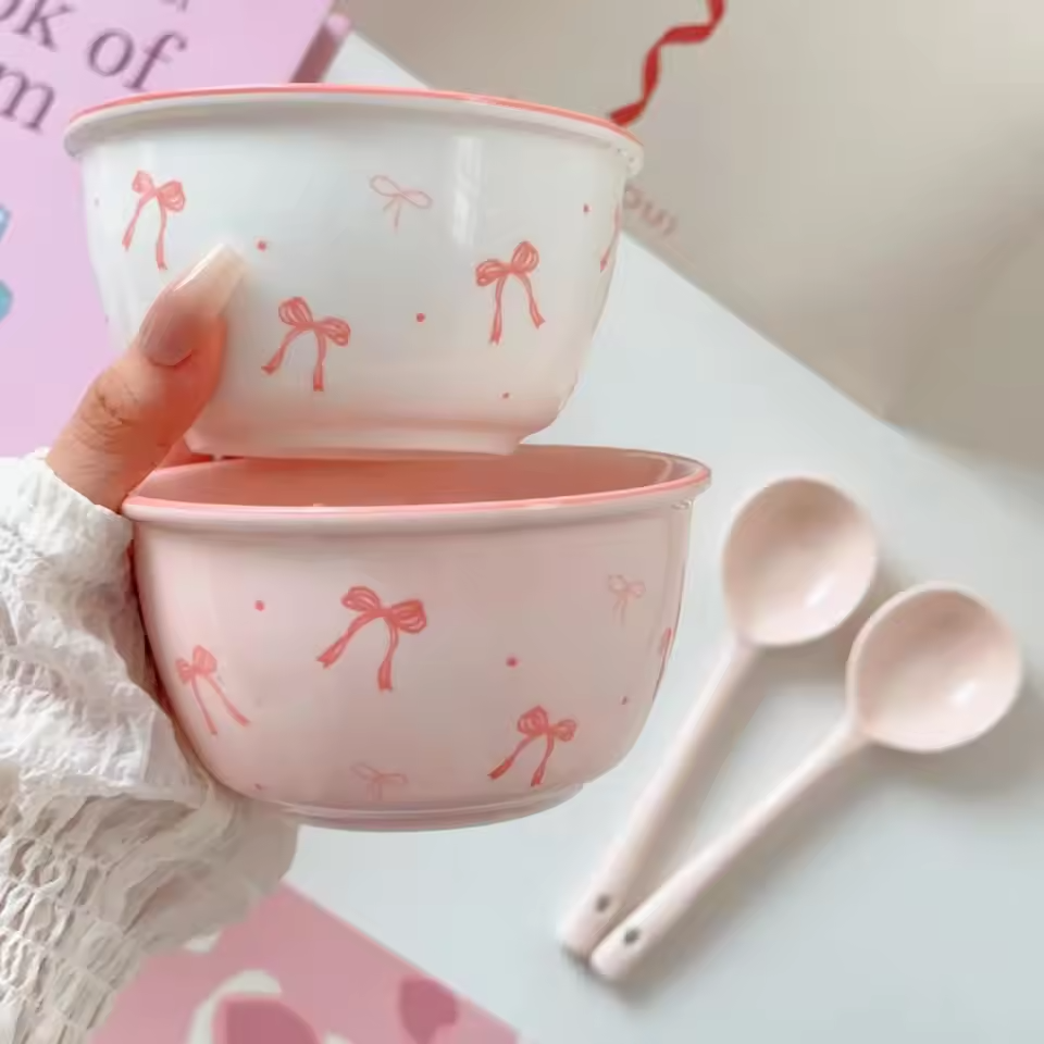 2pcs Pink Bow Ceramic Bowls With Spoons
