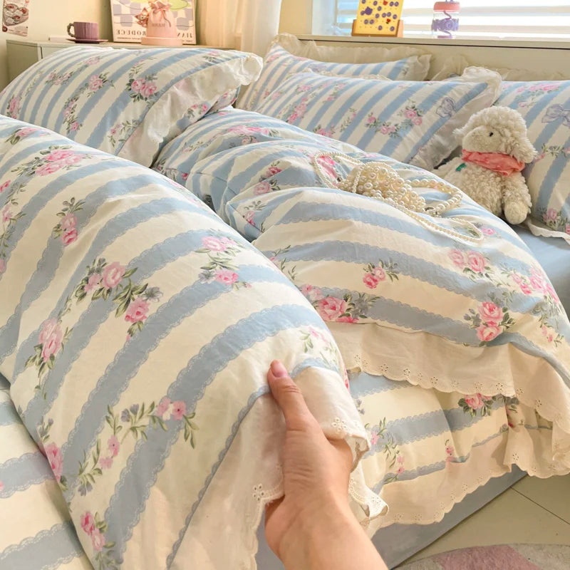 Pink Bow & Floral Duvet Cover Bedding Set