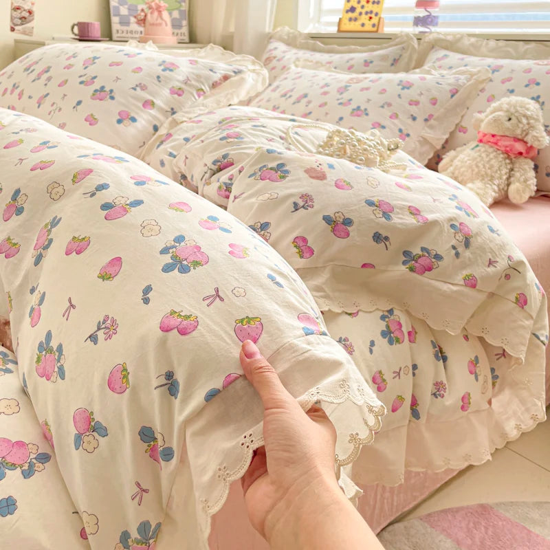 Pink Bow & Floral Duvet Cover Bedding Set