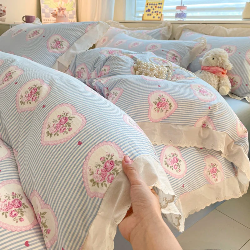 Pink Bow & Floral Duvet Cover Bedding Set