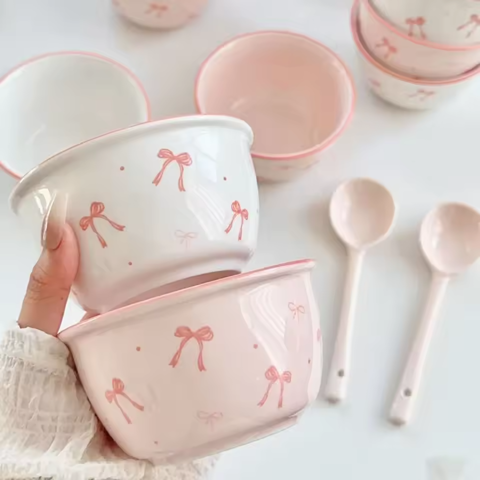 2pcs Pink Bow Ceramic Bowls With Spoons
