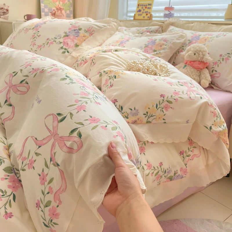 Pink Bow & Floral Duvet Cover Bedding Set
