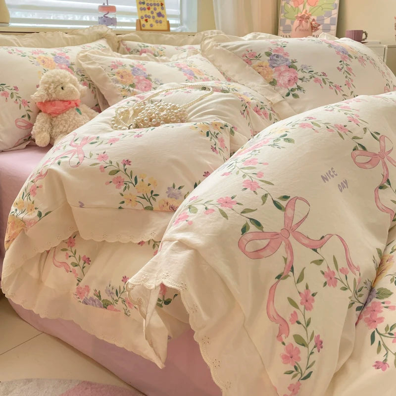 Pink Bow & Floral Duvet Cover Bedding Set