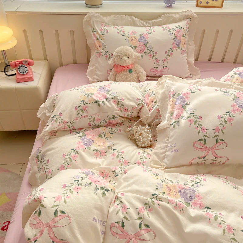 Pink Bow & Floral Duvet Cover Bedding Set