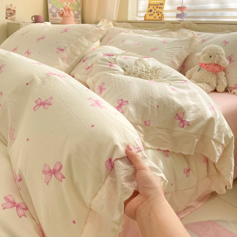 Pink Bow & Floral Duvet Cover Bedding Set