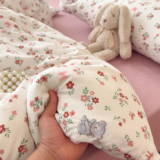 Cute Bear Floral Duvet Cover Bedding Set