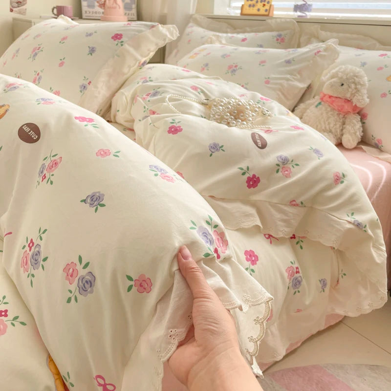 Pink Bow & Floral Duvet Cover Bedding Set