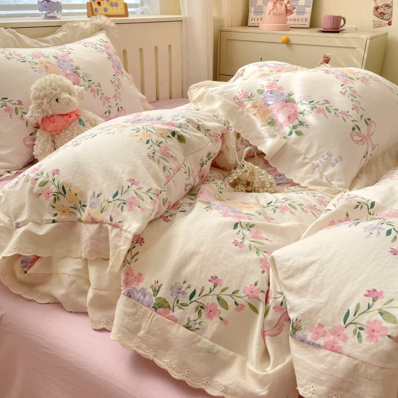 Pink Bow & Floral Duvet Cover Bedding Set