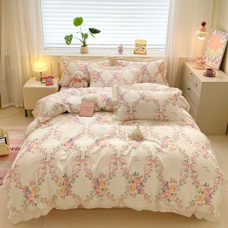 Pink Bow & Floral Duvet Cover Bedding Set