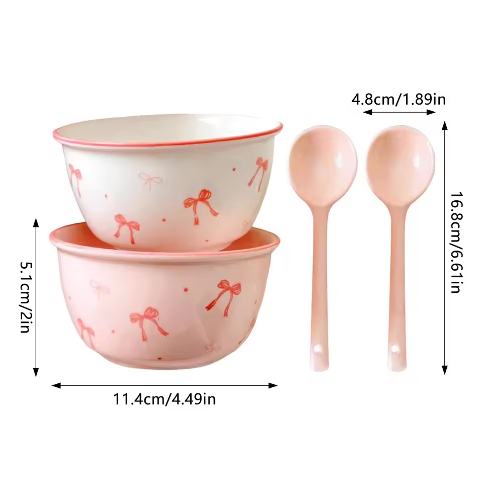 2pcs Pink Bow Ceramic Bowls With Spoons