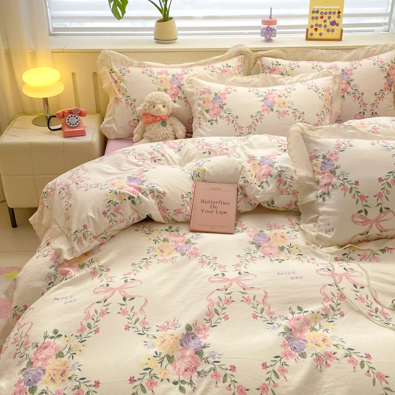 Pink Bow & Floral Duvet Cover Bedding Set