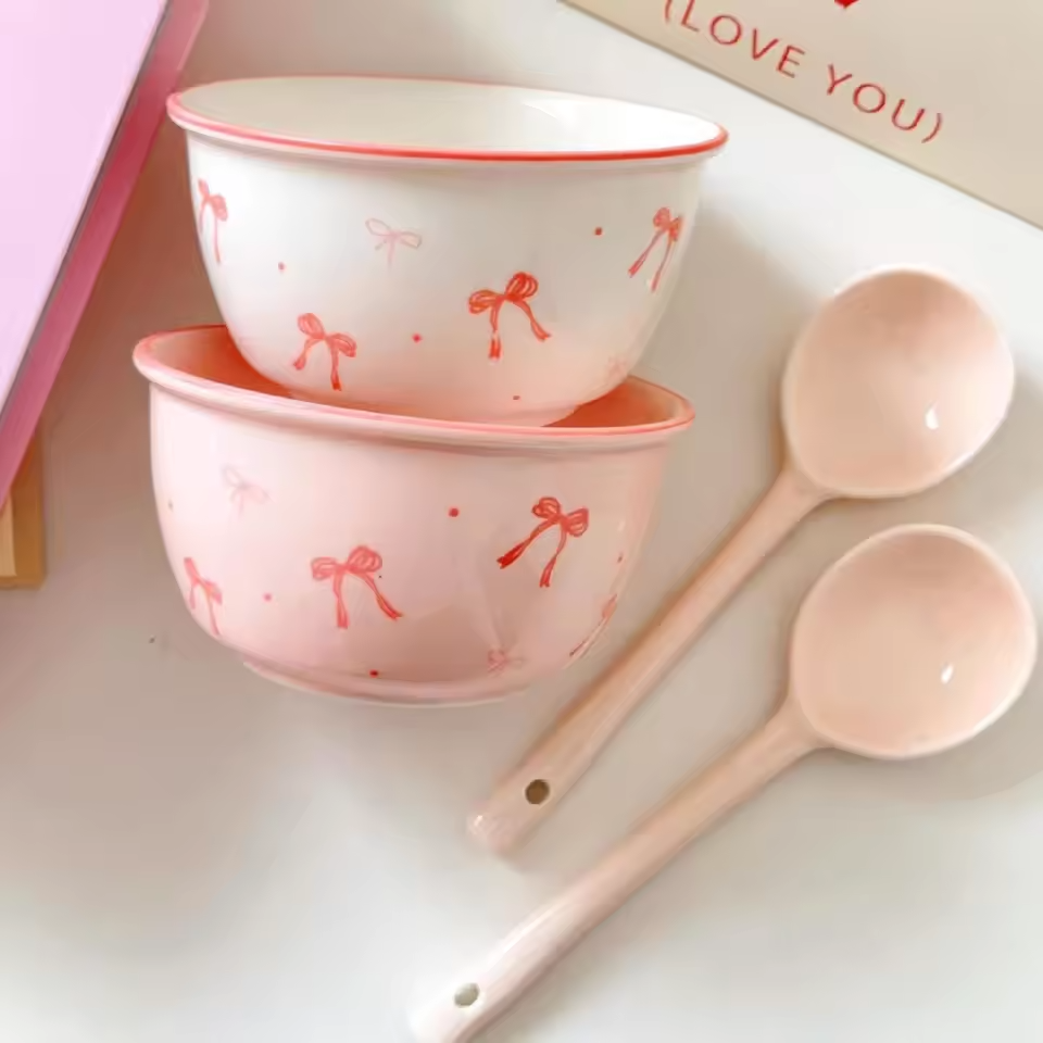 2pcs Pink Bow Ceramic Bowls With Spoons