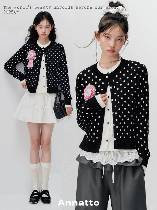 ANNATTO 'Retro Polka' Layered Cardigan & Lace Skirt Set