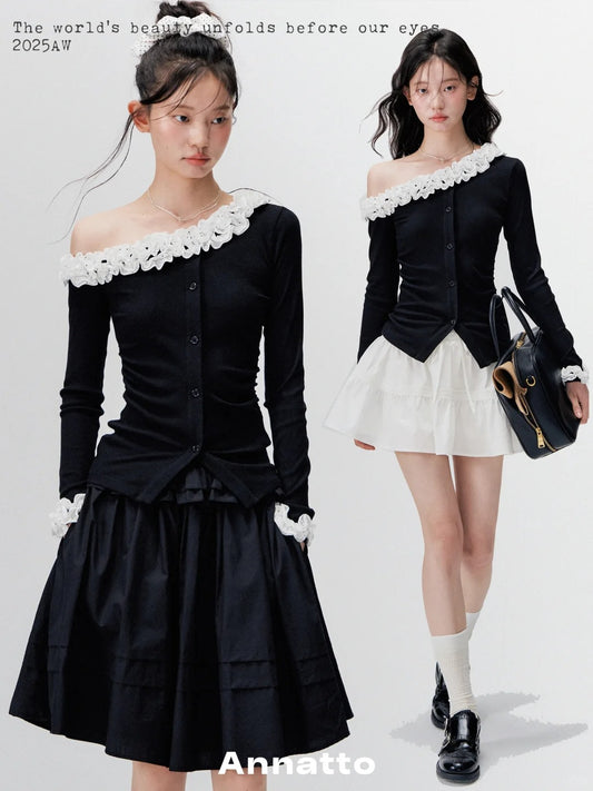ANNATTO 'Noir Polka' Off-Shoulder Top & Mini Skirt