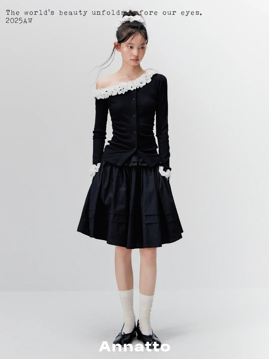 ANNATTO 'Noir Polka' Off-Shoulder Top & Mini Skirt