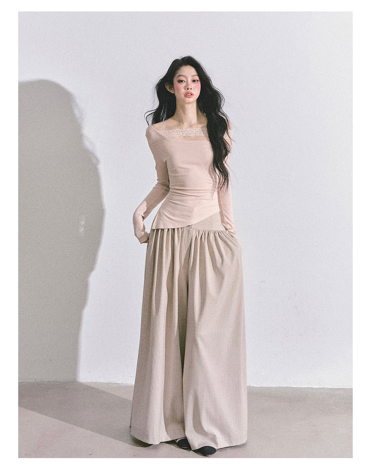 ShaoYeYan Tiny Waist Basic Long Sleeve Off-Shoulder Lace Top