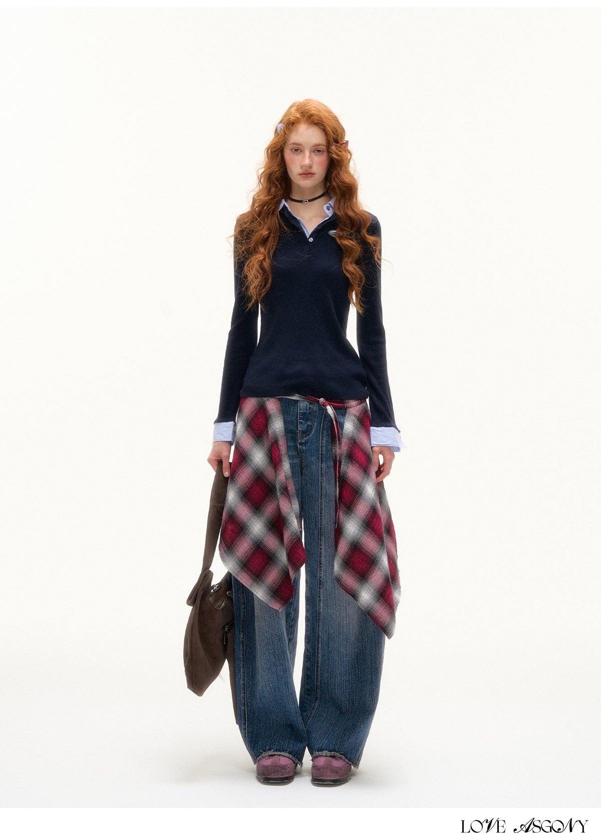 AsGony Striped Collar Fake Two-Layer Knit Top