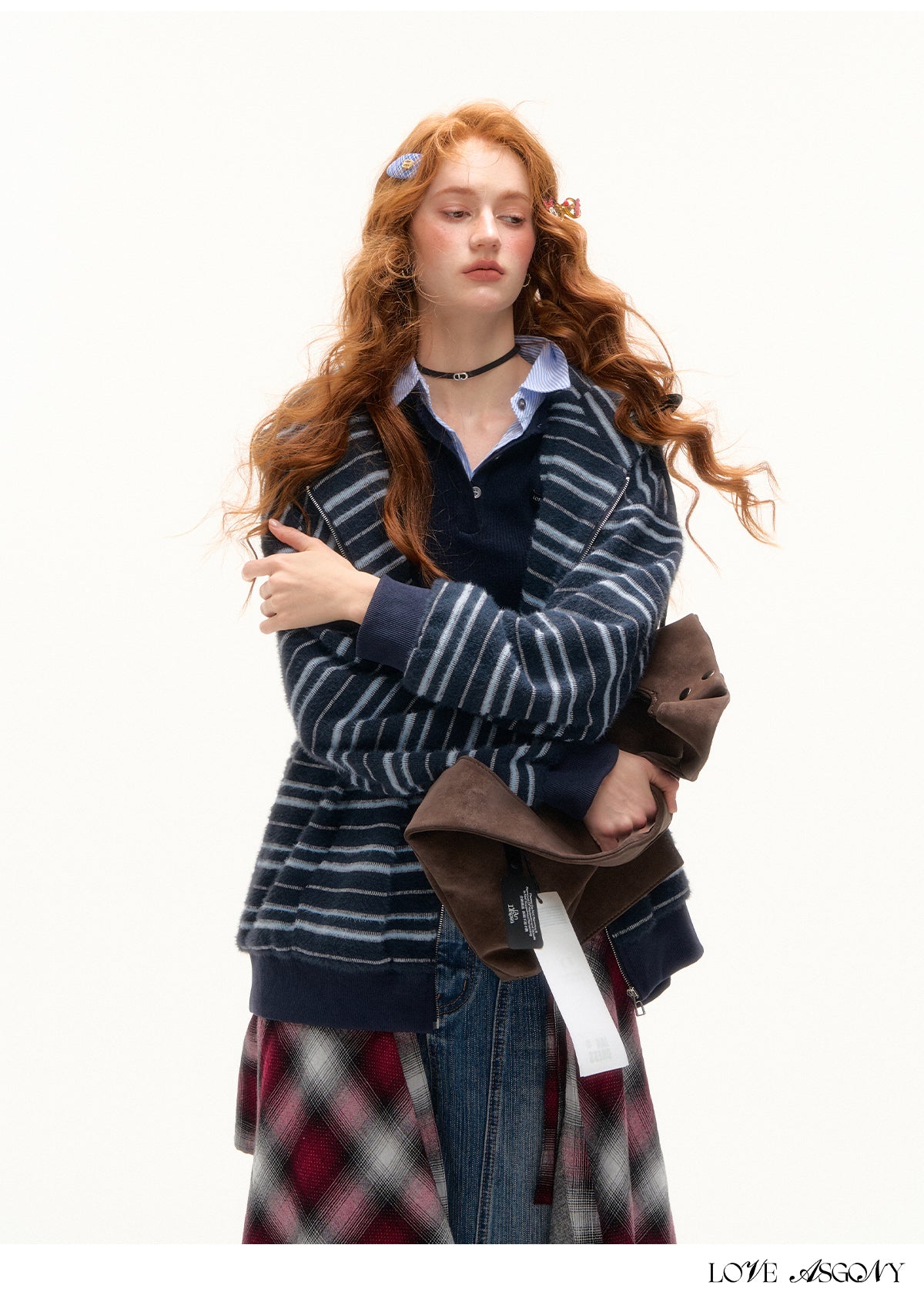AsGony Plush Striped Colorblock Cat-Ear Hoodie