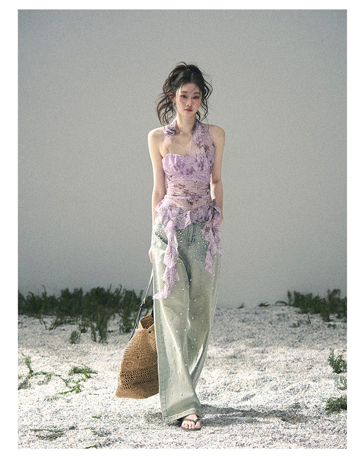 ShaoYeYan Aomalm Bauhinia Blooms Asymmetric Sheer Ribbon Top